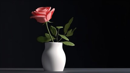 rose flower in white vase and on black background