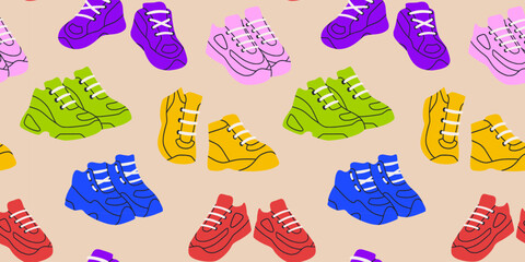 Seamless pattern with chunky sneakers. Platform trainers and bulky footwear. in bright neon colors