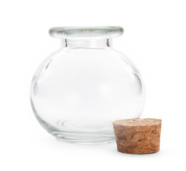 Spherical glass empty small bottle with cork isolated. Transparently. PNG file