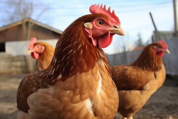 Happy chickens roaming free on farm meadow. Farm animal welfare and care. Generative Ai