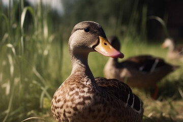 Happy ducks roaming free on farm meadow. Farm animal welfare and care. Generative Ai