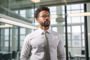 Fototapeta premium Fictional confident businessman wearing a suit in an office. Generative AI.