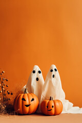 Halloween minimal background with funny ghost and jack-o-lantern pumpkin. Copy space. Generative AI