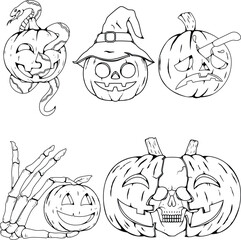Set of element halloween pumpkins line art. Halloween pumpkin black and white vector