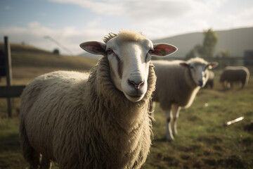 Obraz premium Happy sheep roaming free on farm meadow . Farm animal welfare and care. Generative Ai