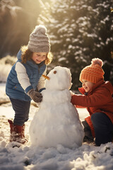 Happy kids building snowman in the garden at sunny winter day. Generative AI