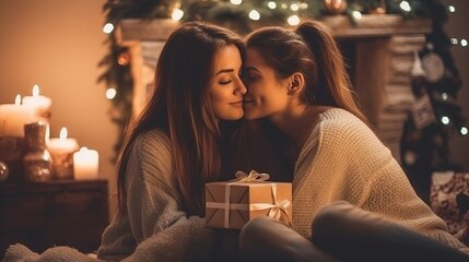 A young couple of lesbian lovers hugging near the fireplace at Christmas. Friendship and homosexual relationships Generative AI