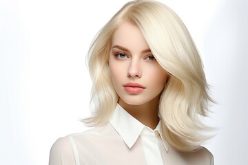 Illustration for hair salon, portrait of a fictional beautiful woman with stylish hair isolated on a plain background. Generative AI.