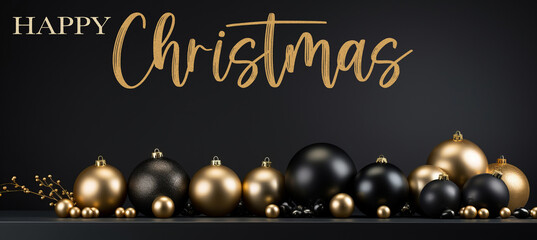 Merry Christmas, festive celebration holiday holidays greeting card with text - Gold and black ornaments (christmas baubles) on dark table background (Generative Ai)