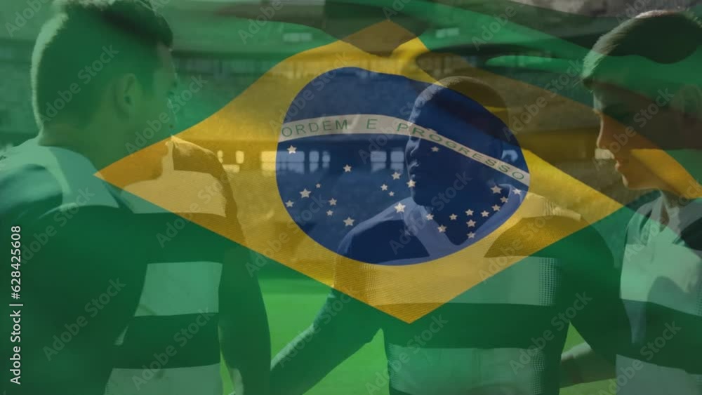 Canvas Prints Animation of brazilian flag waving over diverse male players discussing before match at stadium