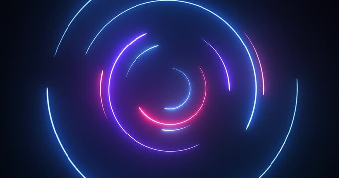 Neon round UV lamps, LED neon round lighting. Beautiful abstract round light line. Blue and pink colors. Futuristic background. fluorescent neon. Dynamic Hi-tech concept. seamless loop