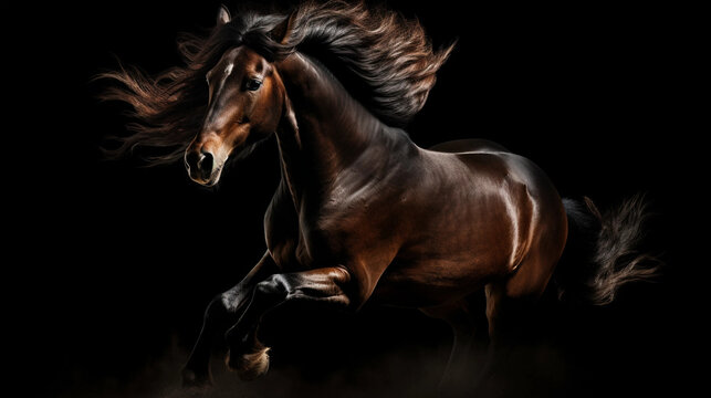 a brown horse is galloping in the dark with its hair blow 