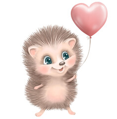 Cute hedgehog with balloon heart. Beautiful cartoon baby hedgehog isolated on white background for Valentines day card or birthday postcard