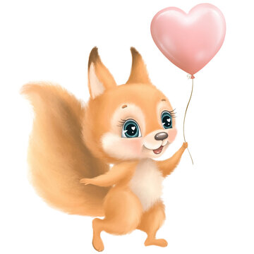 Cute squirrel with heart balloon isolated on white background. Beautiful cartoon little squirrel for children's valentine or children's birthday card