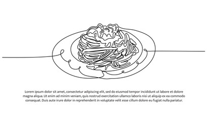 Spaghetti one continuous line design. Restaurant food menu design concept. Decorative elements drawn on a white background.