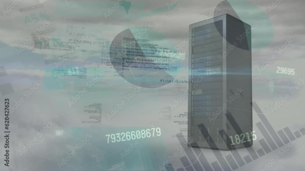 Poster animation of programming language, multiple charts, numbers over clouds and central processing unit
