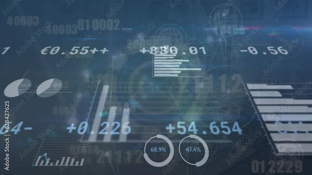 Poster Animation of multiple graphs, numbers, currency signs over scanning circles