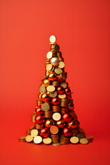 Conceptual photo of tree made of coins and dollars.