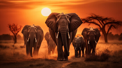a herd of elephants walking across a dry grass field at sunset
