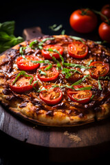 Delicious rustic traditional Italian pizza with cherry tomatoes, meat, salsiccia and basil on an old table with a dark background with old kitchen dishes