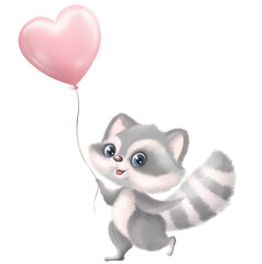 Cute baby raccoon with heart balloon isolated on white background. Beautiful cartoon little racoon for childrens Valentines day card or kids birthday postcard