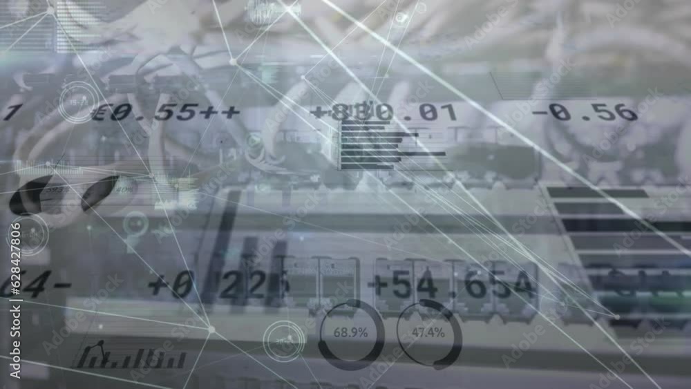 Poster animation of multiple graphs with currency signs and numbers over cables connected to computer