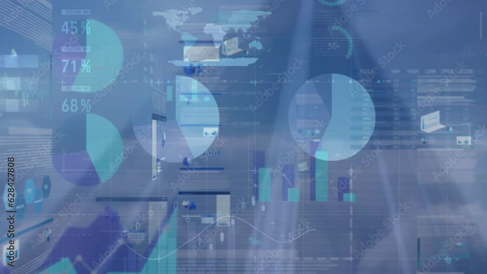 Poster animation of multiple graphs, stock market data, coding moving over road