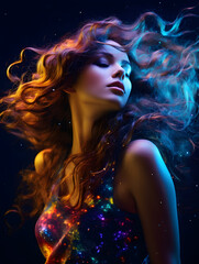 Fine art photography with a Photoshopped galaxy intertwined in a beautiful woman’s long, flowing hair. Galaxy is swirling and moving with colorful sparks of light against a deep blue background.