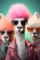 Surrealist photorealistic closeup portrait of three llamas smiling with crazy pink hairstyle and sunglasses with pink pastel background. Retro-futuristic concept art