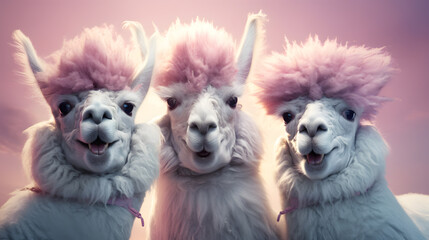 Fototapeta na wymiar Surrealist photorealistic closeup portrait of three llamas smiling with crazy pink hairstyle with pink pastel background. Retro-futuristic concept art