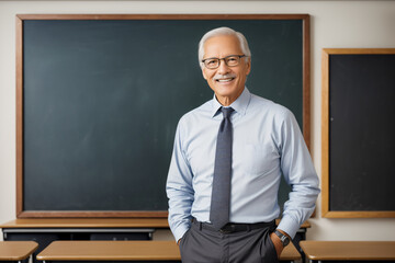Portrait of a smiling teacher in front of blackboard