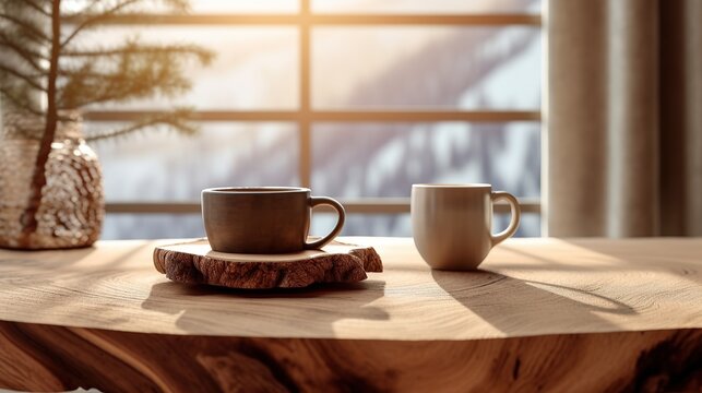 Wooden table with a cup of coffee