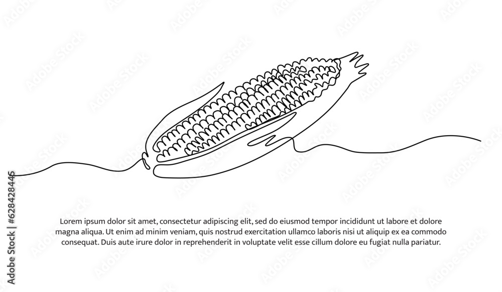 Poster one continuous line design of corn. decorative elements drawn on a white background.