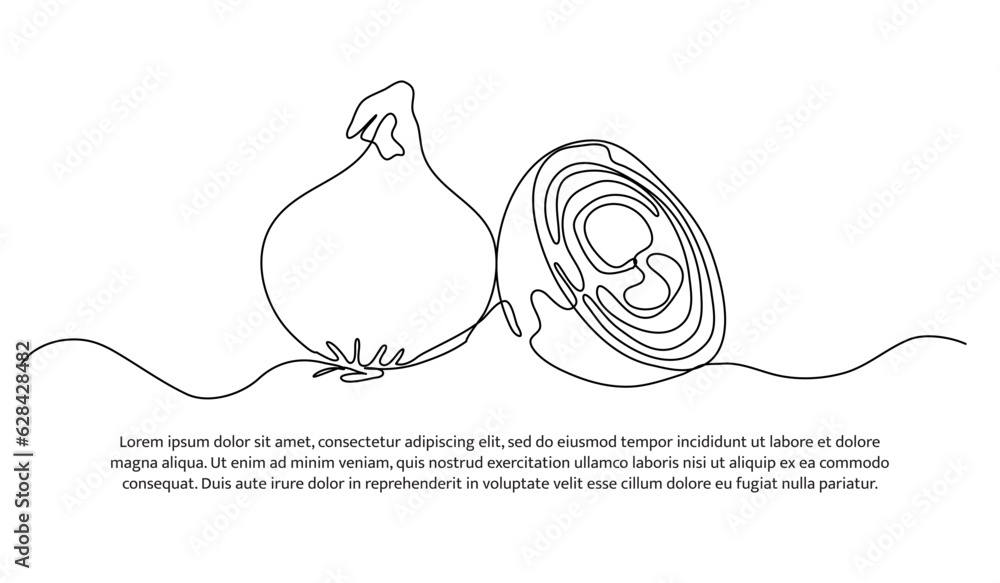 Poster onion slice one continuous line design. vegetable symbol concept. decorative elements drawn on a whi