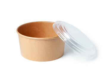 Disposable kraft paper bowl with plastic lid isolated on white background