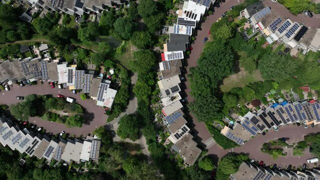 Spinning birdseye view of the Rozendaal neighborhood located in the town of Leusden, and was built in the 1970s with is easily recognizable curved design and sustainable initiatives