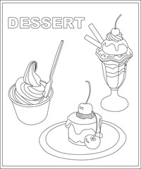 Cake coloring book page, food coloring book for children
