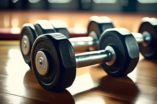Fitness Equipment: Close-up of Dumbbells on Gym Floor. Generative AI