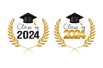 Class of 2024 graduation design template, Set graduation cap with laurel wreath in gold color