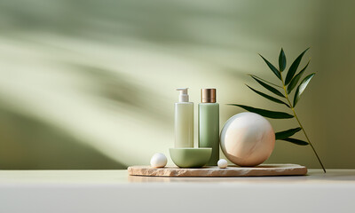 Mockup productos cosméticos - Colo verde, elegante, moderno - 3d fondo con mockup, botellas de cosmetico, maquillaje - producto fotografía