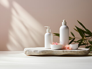 Mockup productos cosméticos - Color blanco y rosa, elegante, moderno - 3d fondo con mockup, botellas de cosmetico, maquillaje, spa, en blanco, fotografia producto