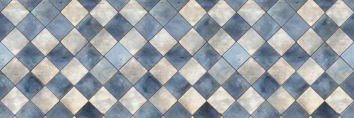 Old blue white rusty vintage worn shabby patchwork lozenge diamond rue motif tiles stone concrete cement wall texture background banner (Generative Ai) - obrazy, fototapety, plakaty