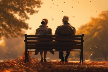 Illustration of an elderly couple sitting on a park bench