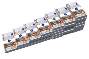 PNG. Trasparente. Cinquanta euro. Pile crescenti di banconote su sfondo trasparente.