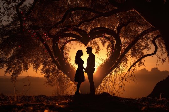 Silhouette of a couple under a heart-shaped tree
