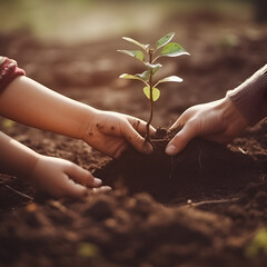 Young seedling cradled by nurturing hands in fertile soil, life begins.