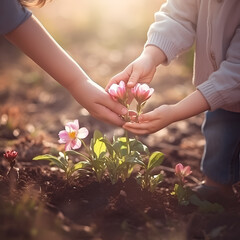 Gentle hands nurturing a blossoming flower, symbolizing care and growth.