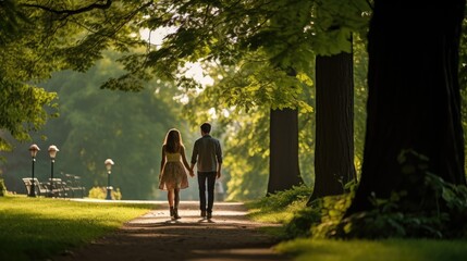 Happy couple walking in the park