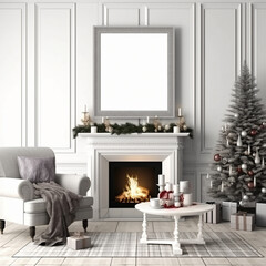 Mockup frame in farmhouse living room interior decorated for Chistmas - Generative AI