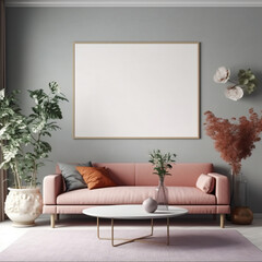frame mock-up in home interior background with sofa table and decor in living room natural light from window - Generative AI